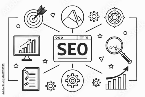 SEO Hand Drawn Illustration, Website Optimization, Search Engine Marketing, Digital Strategy, Business Growth