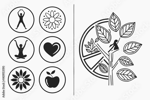Vector illustration depicting health, wellness, nature, and growth with floral and tree elements.