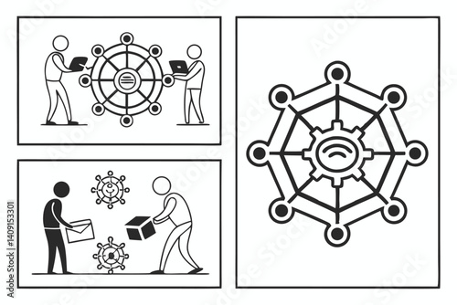 Business Networking Technology: People Working with Connection Symbols, Data Exchange, and Global Communication.
