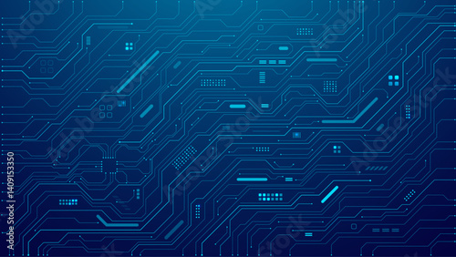 Abstract AI circuit board background. Tech connected blue lines with electronics elements. Blue technology backdrop. Computer motherboard with a chip, processor, and semiconductor. Vector illustration