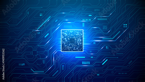 Abstract glowing AI processor on digital circuit board background in futuristic style. Light neon blue AI chip with bright light pixels. Data elements. Tech bg. Technology banner. Vector illustration.