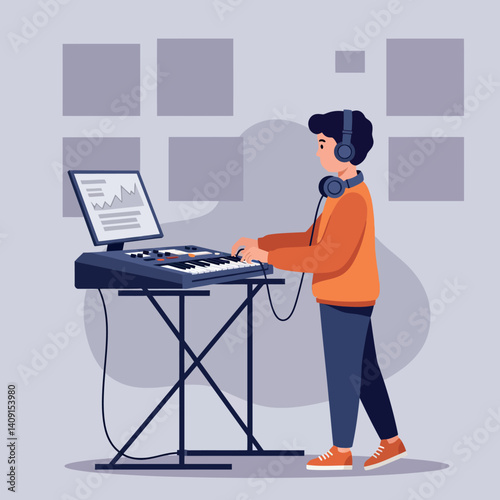 Young musician engaged in creative music production using an electronic keyboard in a modern workspace, featuring flat design style vector art