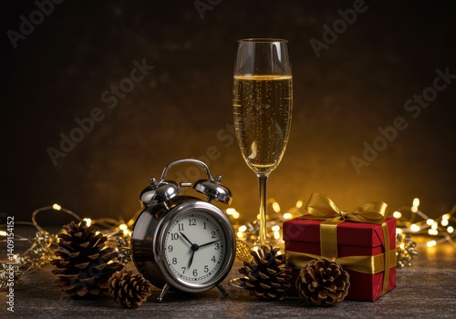 new year composition with alarm and champagne glass