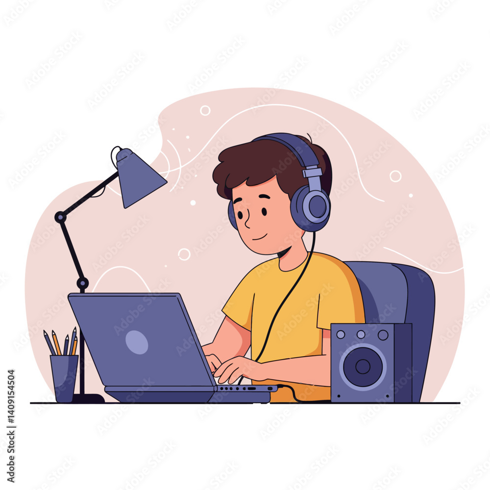 A young boy wearing headphones smiles while working on a laptop at a desk with a lamp and speaker, in a minimal vector illustration