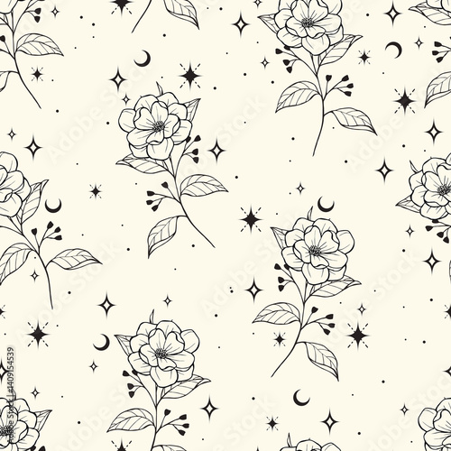 Magic seamless vector pattern with flowers, moons and stars. Bohemian fabric design. Boho pattern for astrology, esoteric, tarot, mystic and magic. 