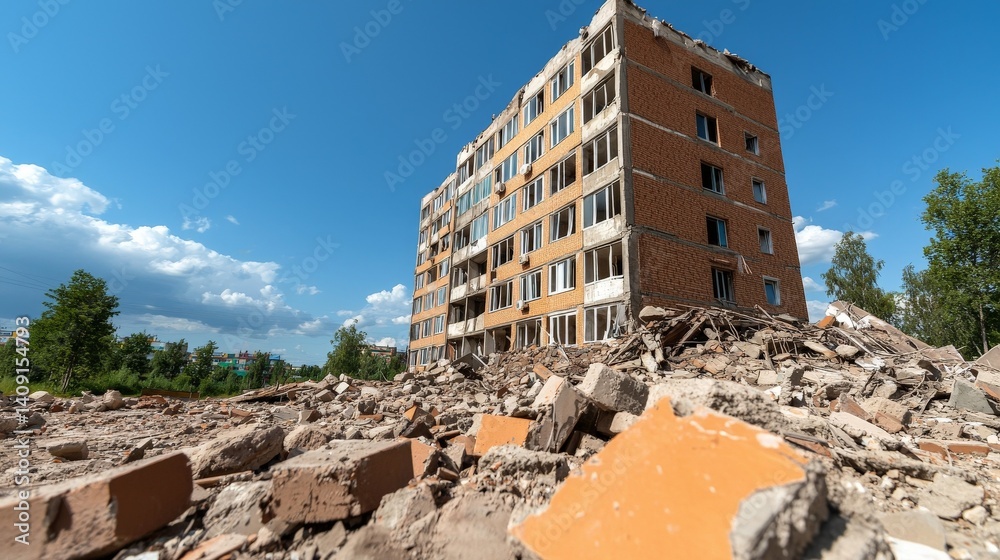 Desolate Post-Apocalyptic World of Destruction and Isolation, A dilapidated building amidst rubble under a clear blue sky.
