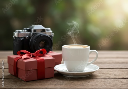 coffee cup with gift box and camera on table