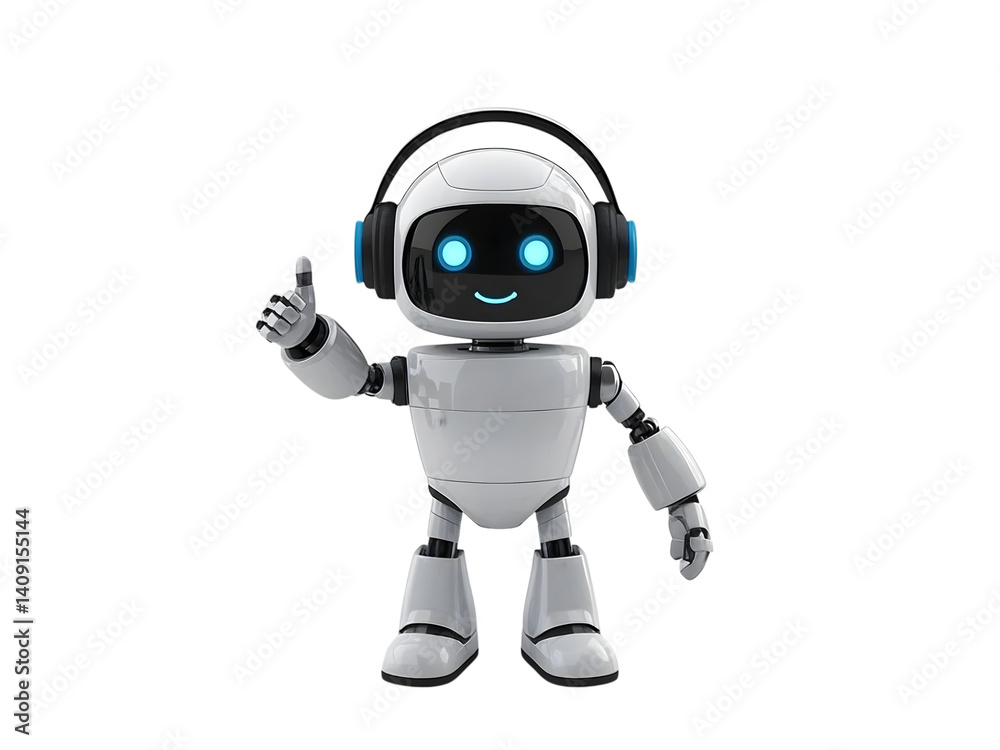 Happy robot. 3d ai character, chat bot mascot isolated on white background, GPT chatbot icon. Artificial intelligence, trendy technology, support service, funny automation computer Happy robot. 3d ai character, chat bot mascot isolated on white background, GPT chatbot icon. Artificial intelligence, trendy technology, support service, funny automation computer