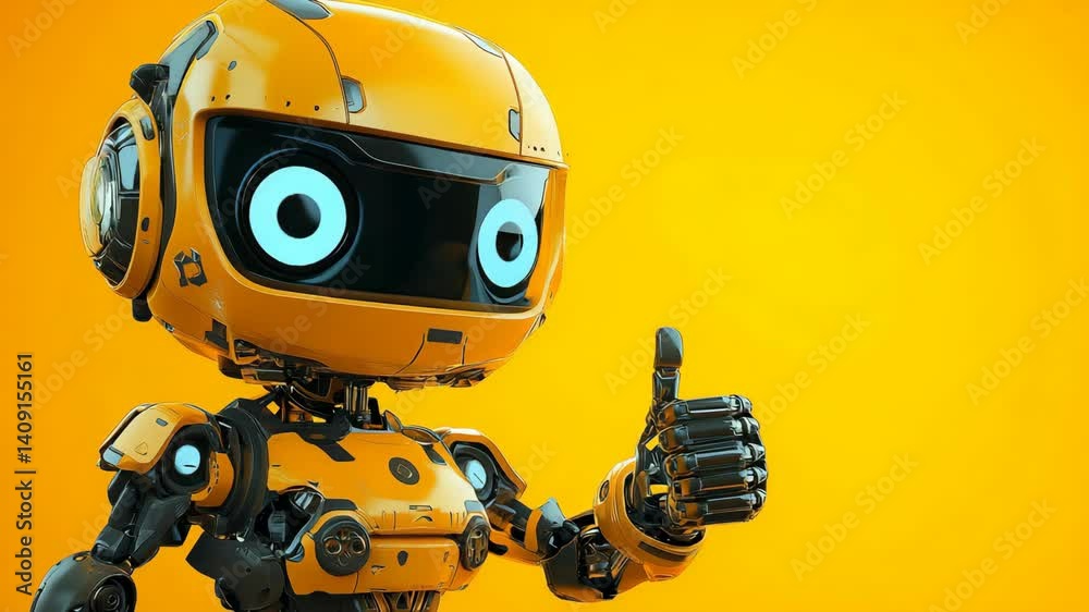 Friendly yellow robot giving a thumbs up on a bright background, showcasing futurism, positivity, and technology, isolated on colorful background. Friendly yellow robot giving a thumbs up on a bright background, showcasing futurism, positivity, and technology, isolated on colorful background.
