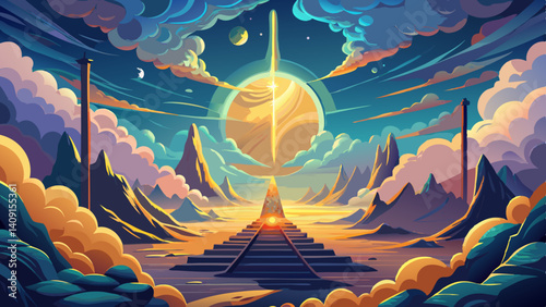 A surreal journey through an ethereal landscape of clouds, illuminated by piercing sunlight on a light background.