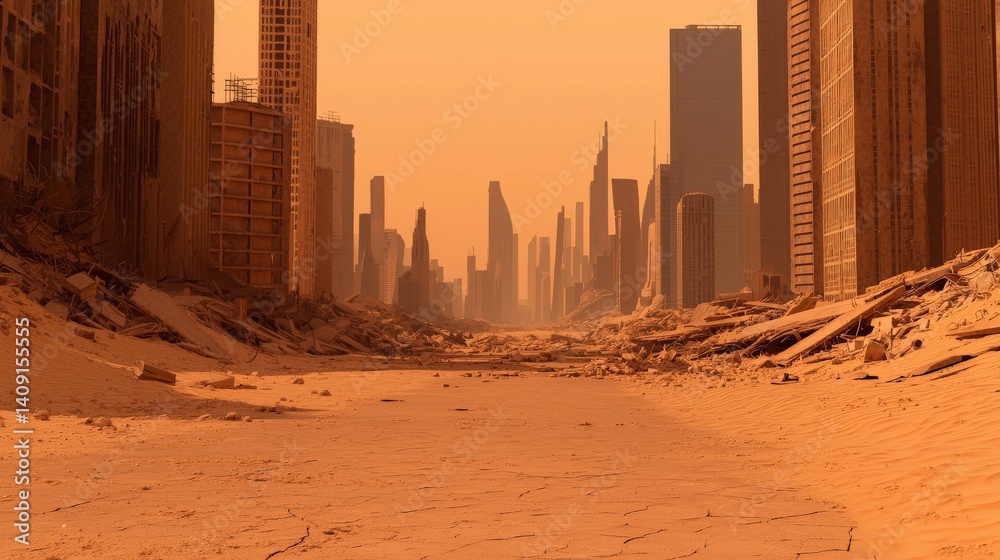 Desolate Post-Apocalyptic World of Destruction and Isolation, Desolate cityscape with towering buildings against an orange sky, evoking a sense of abandonment and decay.