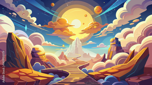 A surreal journey through an ethereal landscape of clouds, illuminated by piercing sunlight on a light background.