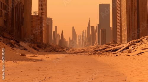 Obraz na płótnie Desolate Post-Apocalyptic World of Destruction and Isolation, Desolate cityscape with towering buildings against an orange sky, evoking a sense of abandonment and decay. w salonie