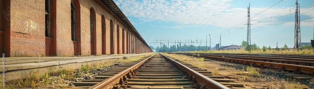 Desolate Post-Apocalyptic World of Destruction and Isolation, Railway tracks lead into a distant horizon under a blue sky, framed by industrial buildings.