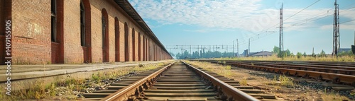 Obraz na płótnie Desolate Post-Apocalyptic World of Destruction and Isolation, Railway tracks lead into a distant horizon under a blue sky, framed by industrial buildings. w salonie