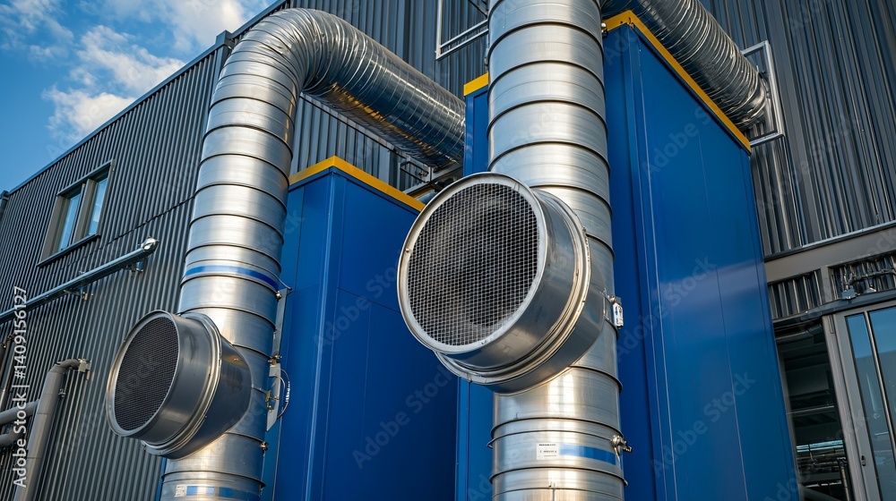 Biomass facility producing renewable heat and power, large ventilation system and reinforced furnace visible from exterior