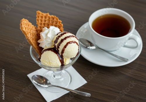 top view dessert with ice cream with icing and a cup of tea