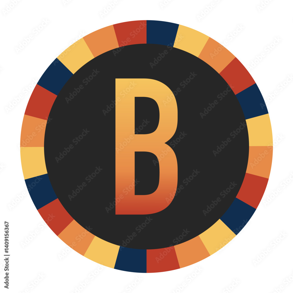 Gradient CAPITAL Letter B in Warm Orange, Red, and Yellow with Circular Frame in Blue, Red, and Yellow Tones Gradient CAPITAL Letter B in Warm Orange, Red, and Yellow with Circular Frame in Blue, Red, and Yellow Tones