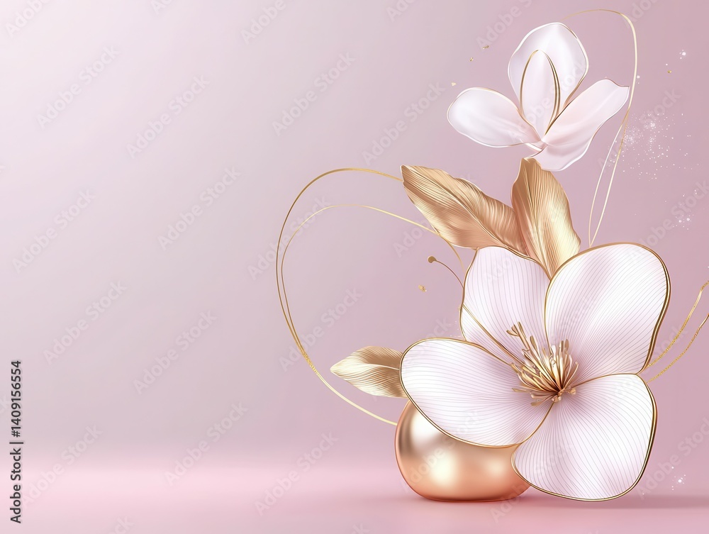 Fototapeta premium Elegant white and gold floral arrangement on a soft pink background.