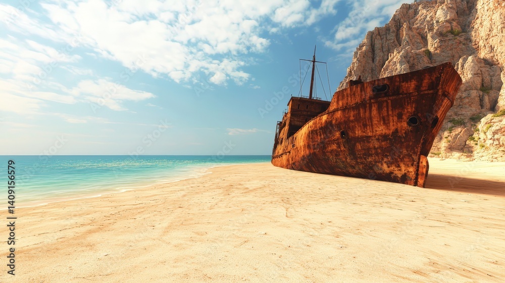 Desolate Post-Apocalyptic World of Destruction and Isolation, Rusty shipwreck on a sandy beach under a blue sky with clouds.