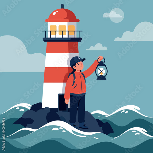 Lighthouse keeper standing on rocky shore holding lantern near striped lighthouse in flat vector art
