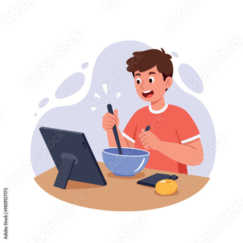 A cheerful boy mixing ingredients in a blue bowl while following a recipe on a tablet, flat vector illustration