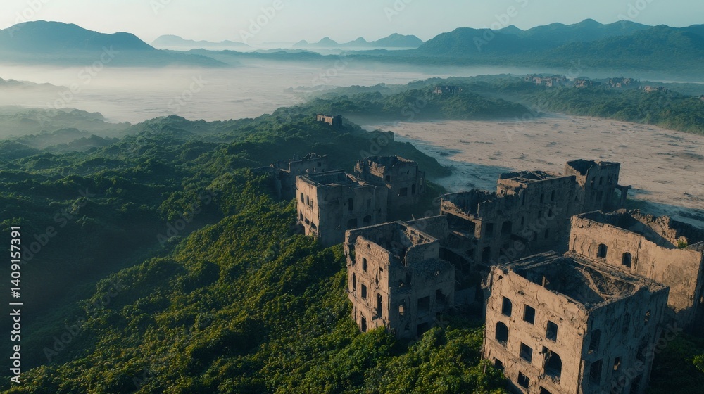 Desolate Post-Apocalyptic World of Destruction and Isolation, Abandoned buildings surrounded by lush greenery and misty mountains in the background.