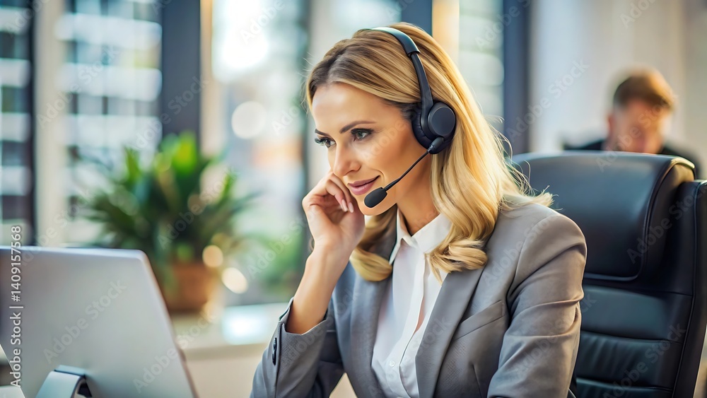 A smiling businesswoman with a headset works as a call center operator providing customer service A smiling businesswoman with a headset works as a call center operator providing customer service
