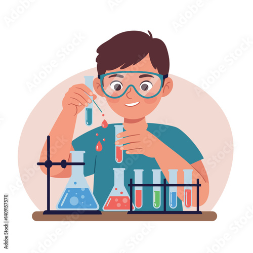 Young boy conducting an experiment with colorful liquids in laboratory glassware, wearing protective goggles and smiling, flat vector illustration