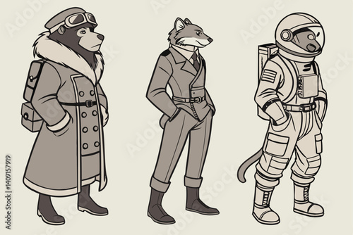 Anthropomorphic Animal Characters: Bear Pilot, Fox Officer, and Cat Astronaut Cartoon Illustration