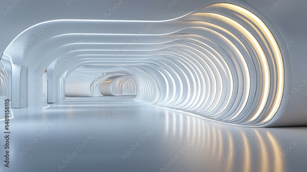 Obraz premium Futuristic white corridor with curved walls and ambient lighting.