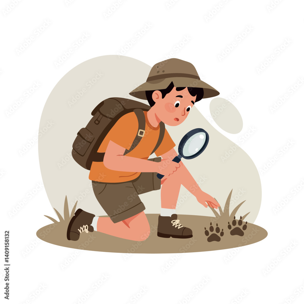 Young explorer investigating animal tracks with a magnifying glass in a flat vector illustration style, showcasing curiosity and adventure in nature Young explorer investigating animal tracks with a magnifying glass in a flat vector illustration style, showcasing curiosity and adventure in nature