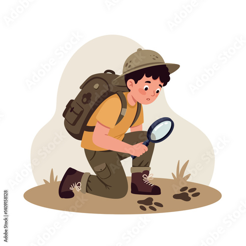 A young boy exploring nature with a magnifying glass, wearing a backpack and a hat, flat vector illustration of outdoor adventure