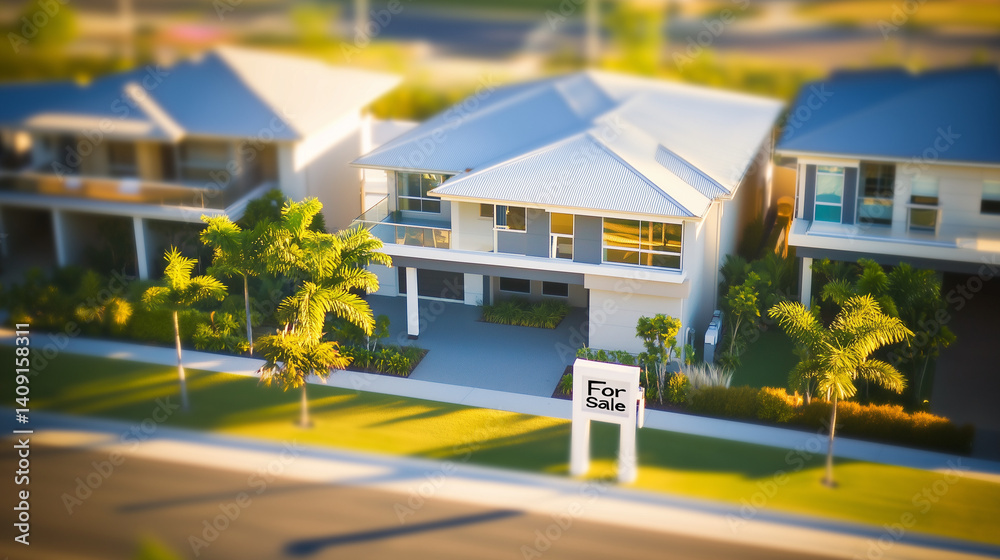 Modern suburban house with for sale sign in front yard, aerial top down view of residential property surrounded by trees and greenery. Real estate and home ownership concept.
