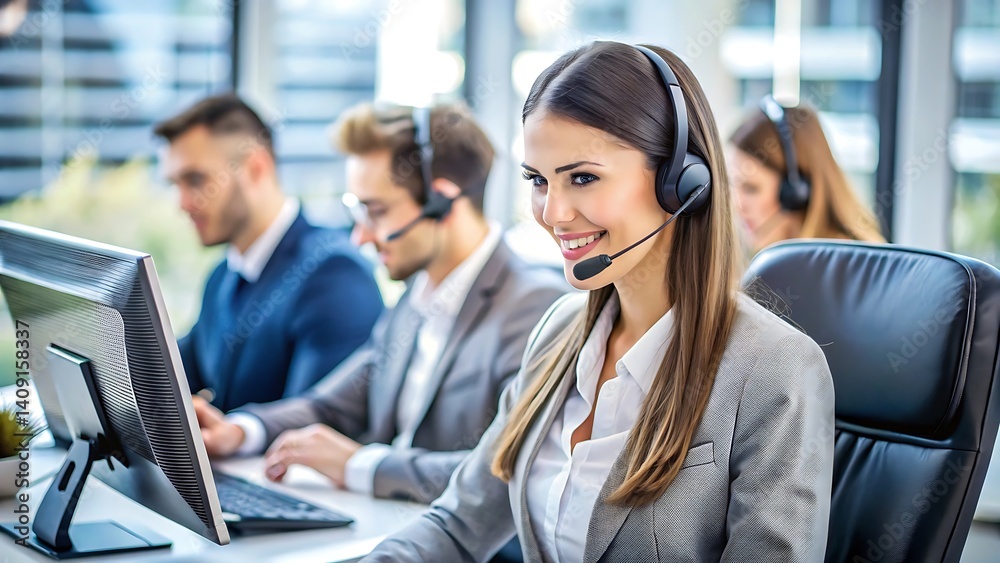 A smiling businesswoman with a headset works as a call center operator providing customer service A smiling businesswoman with a headset works as a call center operator providing customer service
