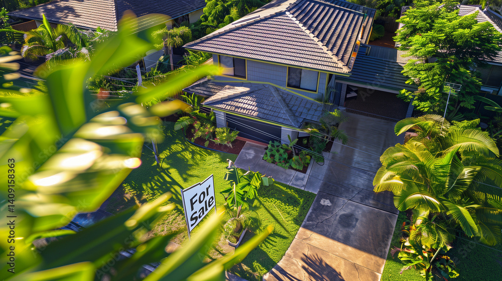 Modern suburban house with for sale sign in front yard, aerial top down view of residential property surrounded by trees and greenery. Real estate and home ownership concept.