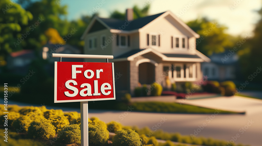 Modern suburban house with for sale sign in front yard, aerial top down view of residential property surrounded by trees and greenery. Real estate and home ownership concept.