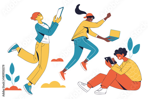 Young diverse professionals using digital devices, demonstrating excitement and positivity in a clean, flat style.