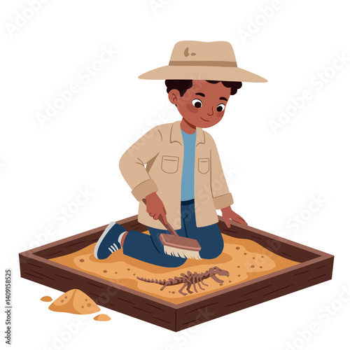A young boy enthusiastically excavating a dinosaur fossil in a sandbox, showcasing a cheerful expression in a flat vector illustration