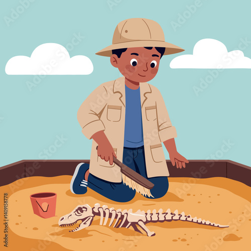 A young boy excavating a dinosaur skeleton in a sandy pit, wearing a beige hat and jacket, in a playful, colorful flat vector illustration