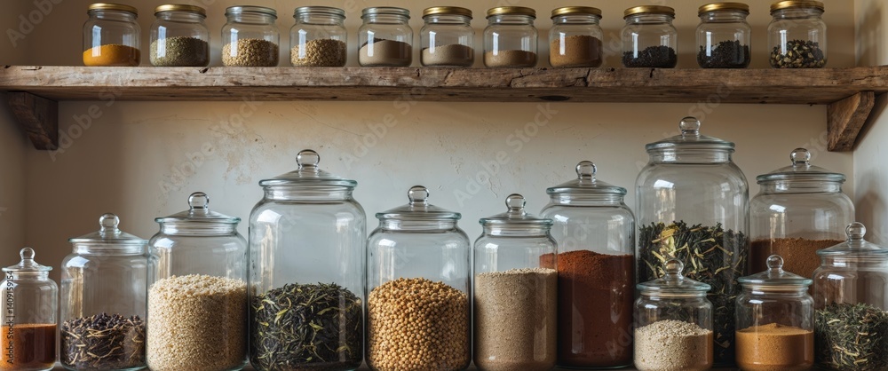 Glass Jars Filled with Assorted Dry Goods on Wooden Shelves. Glass Jars Filled with Assorted Dry Goods on Wooden Shelves.