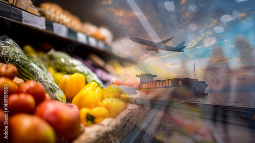 Concept of global food distribution with supermarket vegetables photo