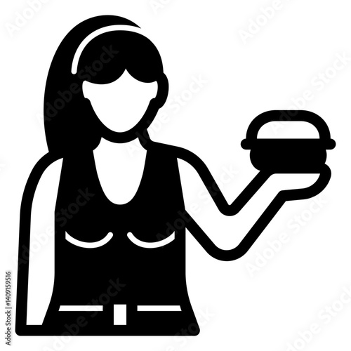 Woman wish apple in hand solid icon, eat what you want concept. Vector graphics. Girl with apple fruit at palm sign on white background, glyph style mobile or design.