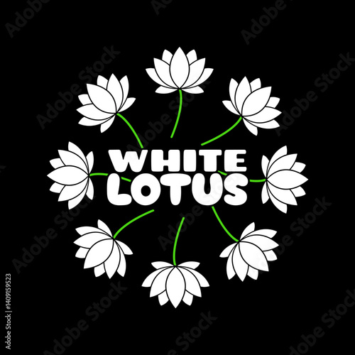 White Lotus Day to celebrate on May 8th. White lotus flowers surrounding bold text isolated on black background.