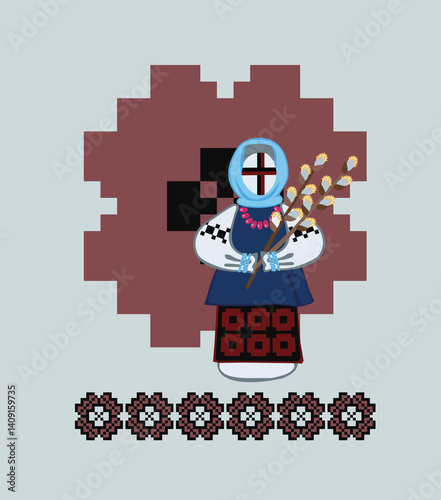 Ukrainian motanka doll with willow branches, traditional folk rag doll in festive clothing on embroidery pattern background. Flat  Easter illustration.