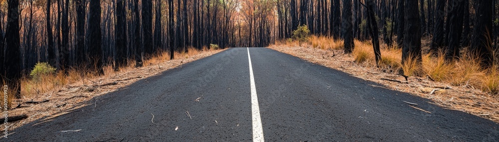 Desolate Post-Apocalyptic World of Destruction and Isolation, A serene, empty road through a forest landscape, framed by trees and golden grass.