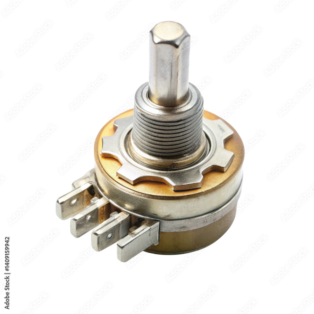 Detailed View of a Metal Shaft Potentiometer Isolated on Transparent Background for Electronics and Engineering Applications Detailed View of a Metal Shaft Potentiometer Isolated on Transparent Background for Electronics and Engineering Applications