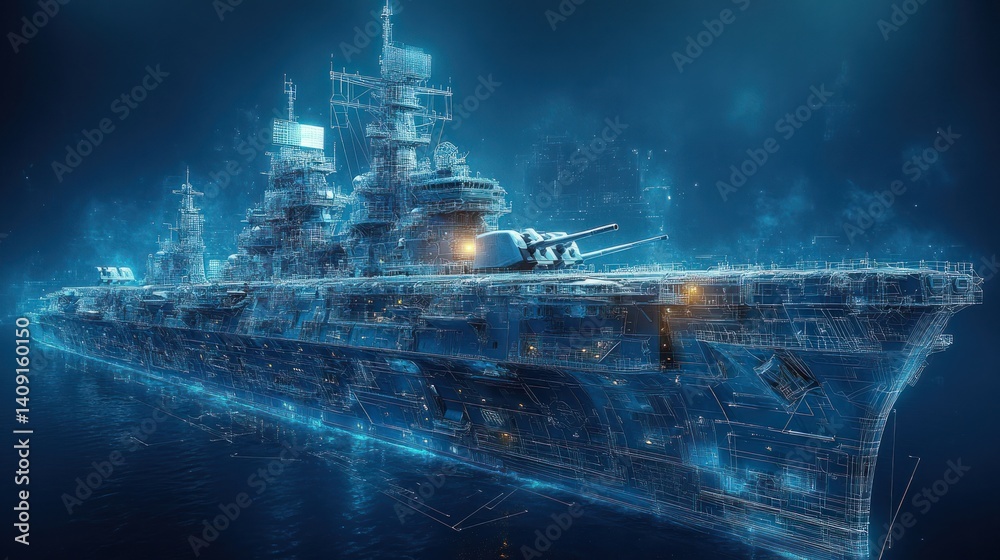 Fototapeta premium Digital Battleship: A Wireframe Masterpiece of Naval Power