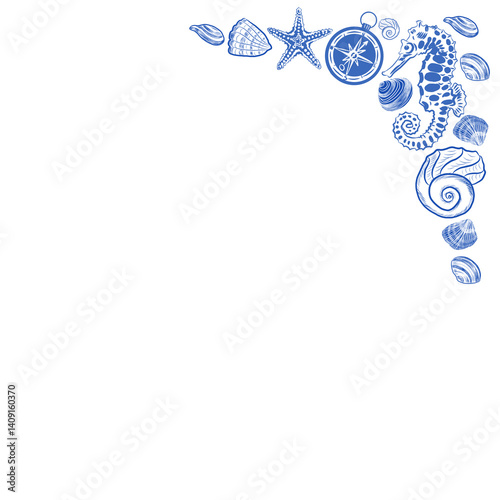 Wallpaper Mural Corner with Blue and White Seashells – Marine Decorative Elements Torontodigital.ca