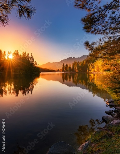 Scenic Lake Reflection at Dusk photo